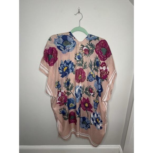 Woven heart Pink floral Gauze Boho Ruana Wrap Summer Lightweight O/S - Picture 2 of 4